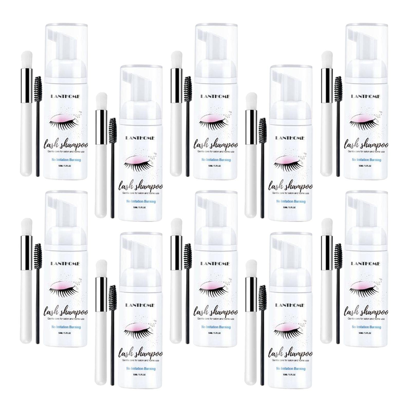 Removedor de Espuma para Pestañas, 10x 50ml (1.7 fl oz), Limpiador de Párpados para Extensiones, Ú de Pestañas, Kit con Cepillos