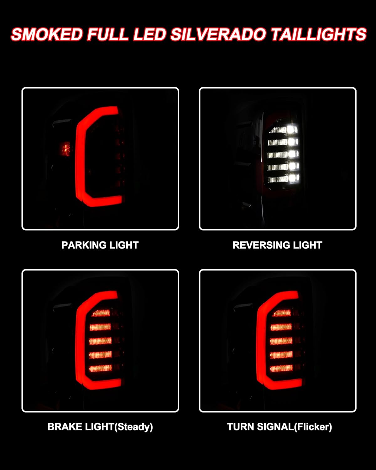 LED Tail Lights for 2014-2018 Chevy Silverado 1500 & 2015-2019 2500HD/3500HD (Non-Factory LED), Smoked Lens, Brake/Stop/Reverse Lights for Chevy Silverado Accessories