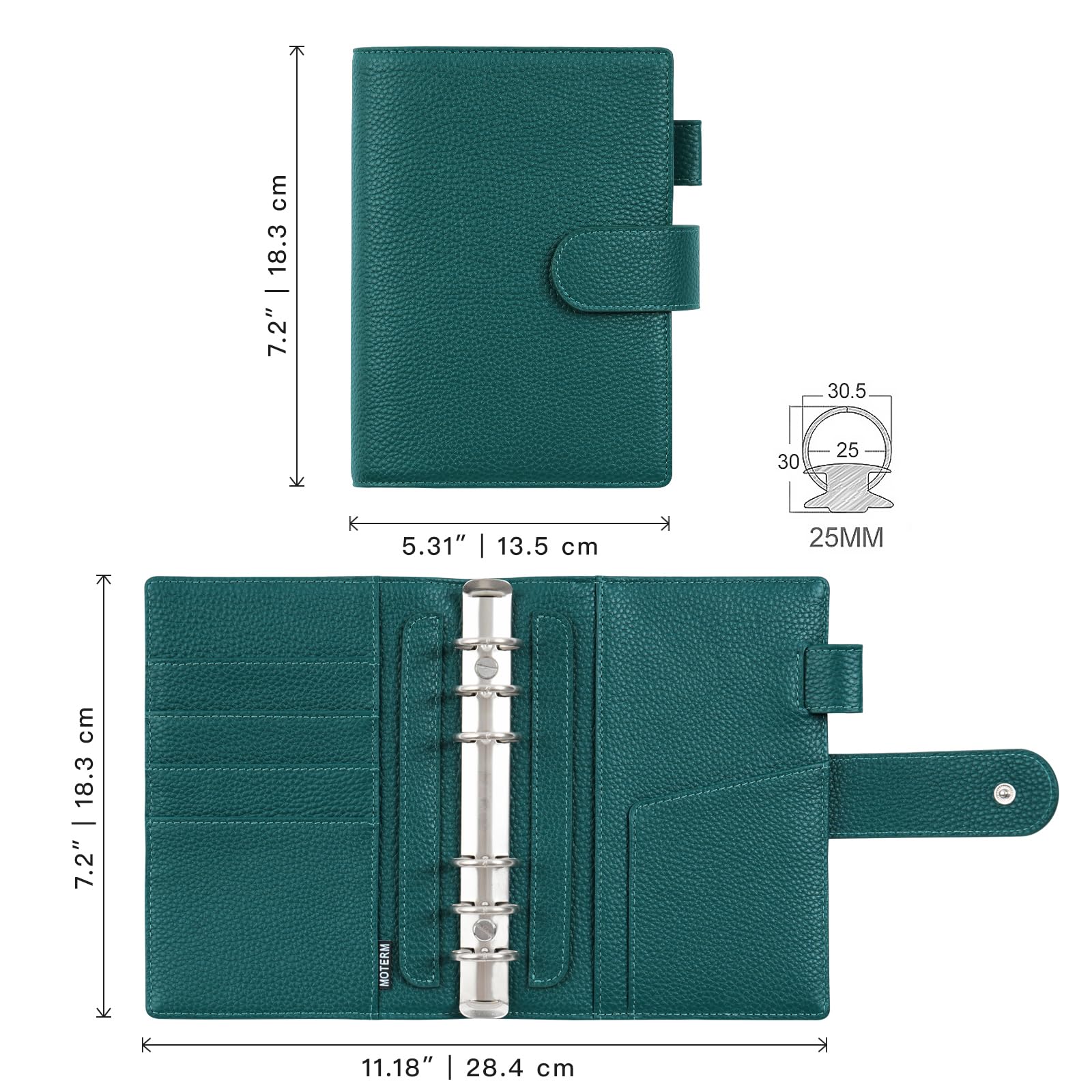 Moterm Elite Personal Rings Planer - Echtleder Ordner Organizer ohne großes Rückfach(Kiesel-Tiefes teal,25mm ring)