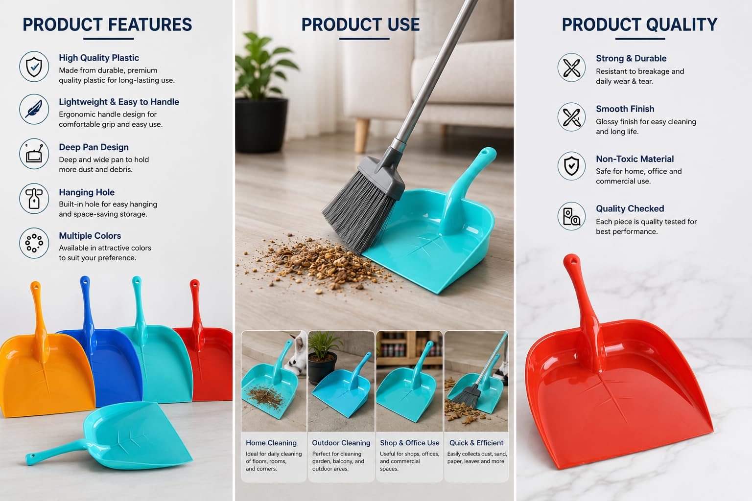 GinoSet® Plastic Unbreakable Dustpan Big Size with Long Handle DUST Collector PAN for Home and Kitchen(Pack of 2 PC) Multi Colors 1