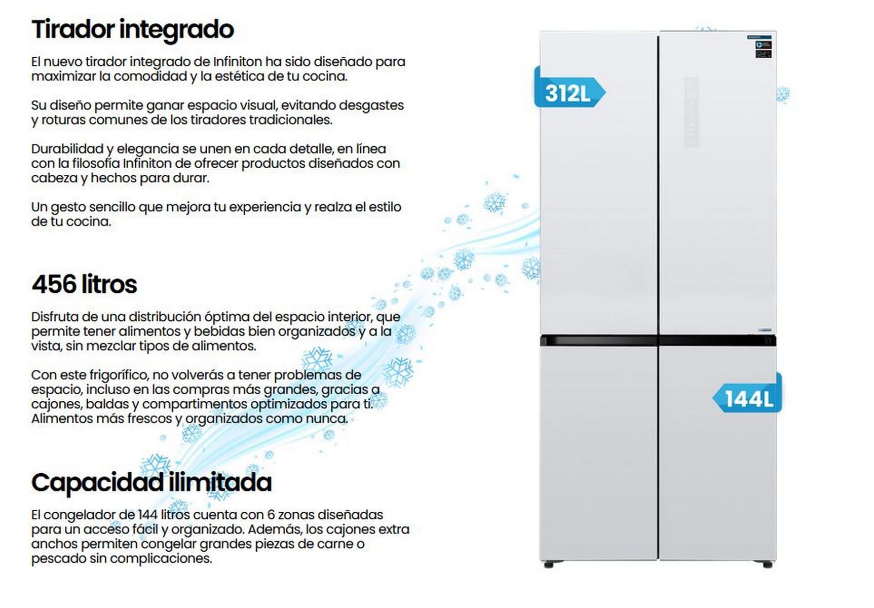 Frigorifico Americano Infiniton AMCB-580CD90, 190 cm de Altura, 456 Litros, E, Acabado en Cristal, Total No Frost (Blanco || AMCB-580CD90WEC)