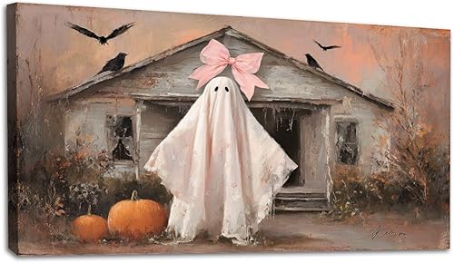 Miniatura 8 de 30"x 60" Canvas Wall Art Vintage Halloween Spooky Ghost Witch Black Cat Crow Painting Framed Pictures Painting Prints Large Wall Art for Living Room