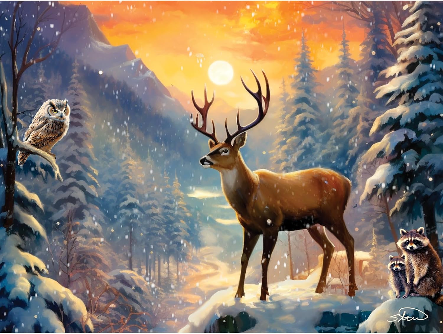 Bits and Pieces – Reunion – Winter Forest Wildlife Jigsaw Puzzle for Adults – Snowy Deer, Raccoons, and Owl Scene by Shawna Stewart (500 Piece Puzzle)
