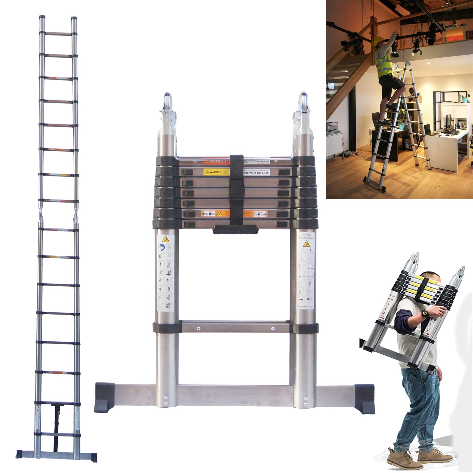 Stainless Steel 16.4FT/5M Multi-Purpose Ladder with Stabiliser Bar, A-Frame Extendable, Telescoping Foldable Step Ladder, EN131 Certified, Max Load 330lbs