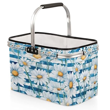 Kizmoglux White Daisy Blue Stripes Collapsible Market Basket, Foldable Picnic Basket - Large Shopping Basket with Handles, Portable Folding Bag for Shopping Camping Picnic