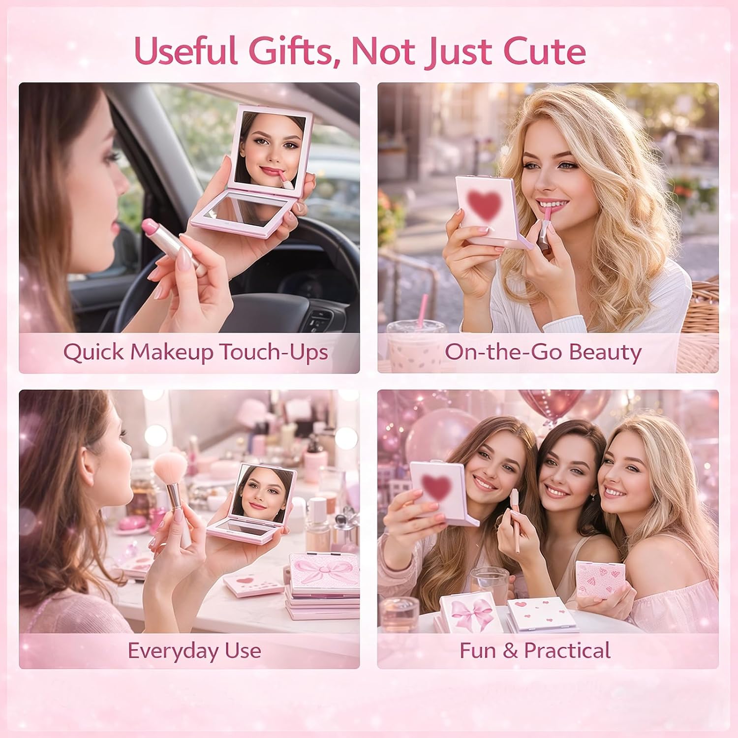 12 Pack Pink Compact Mirrors with Bow, Heart and Red Lips Design, Double-Sided Folding Pocket Mirror, Travel Makeup Mirror for Purse, Girls Party Favor, Bridesmaid Gifts, Goodie Bag Fillers for Women