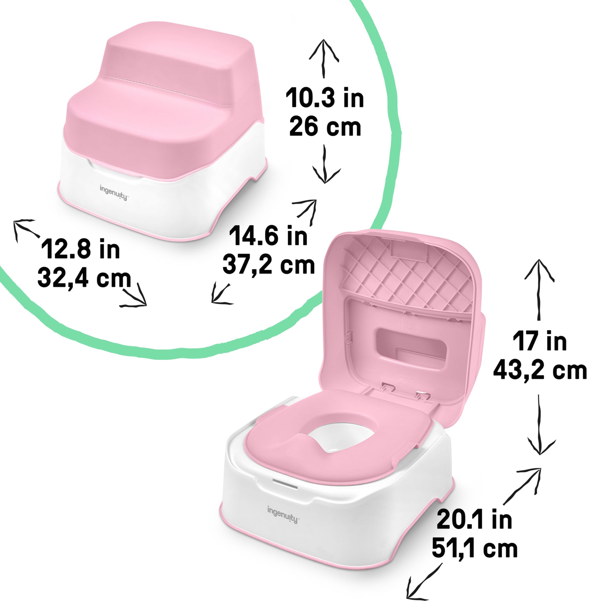 Ingenuity Prepare to Potty system 3 w 1 – nocnik, góra, stołek, łatwy montaż, różowy, dla dzieci w wieku od 18 miesięcy