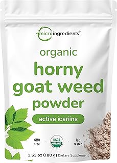 Maximum Strength Organic Pure Horny Goat Weed with Active Icariins for Men and Women, 100 Grams, Organic Epimedium Powder for Energy and Immune System Booster, Filler Free and Vegan Friendly