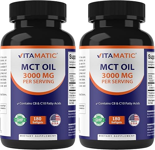 Vitamatic 2 paquetes de cápsulas de aceite MCT de 3000 mg por porción, 180 cápsulas blandas, de aceite de coco, contiene 55% de ácido caprílico C8 y