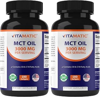 Vitamatic 2 Packs MCT Oil Capsules 3000 mg per Serving - 180 Softgels - from Coconut Oil - Contains 55% caprylic Acid C8 and 40% capric Acid C10 (Total 360 Softgel)