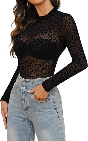 GAMISS Mesh Top for Women Long Sleeve Mock Neck Mesh Shirt Sheer Top Solid Floral Tee Shirts S-XXL