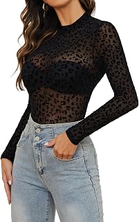 Mesh Top for Women Long Sleeve See Through Mesh Shirt Sheer Blouse Clubwear