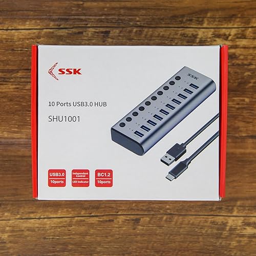 Miniatura 8 de SSK Hub USB 3.0 alimentado por 10 puertos, concentrador de carga USB de aluminio de 60 W con adaptador de corriente DC 12V5A, soporta carga rápida