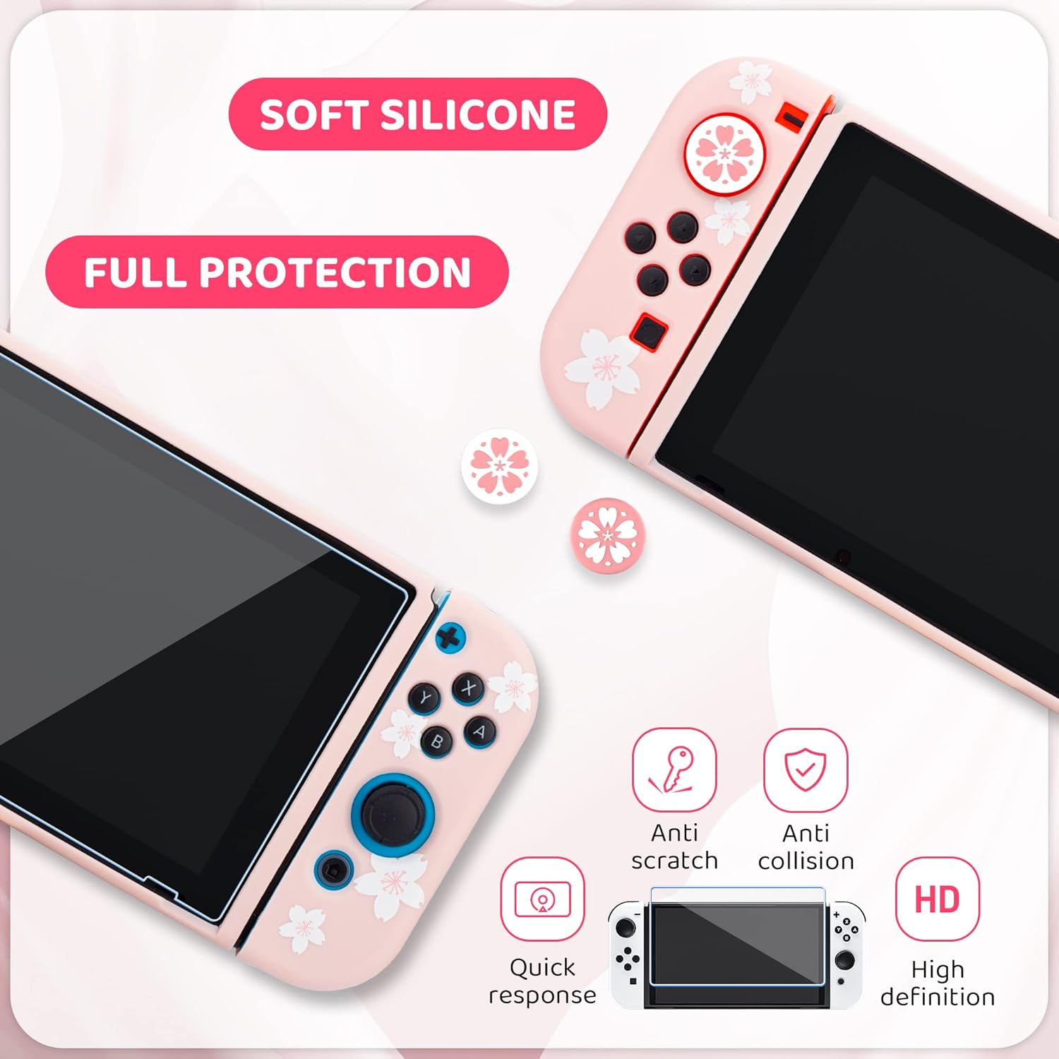 RHOTALL Two-Color Cherry Blossom Carrying Case for Nintendo Switch, Potable Storage Bag for Switch Accessories with Protective Case, Screen Protector, Adjustable Shoulder Strap and 2 Thumb Caps