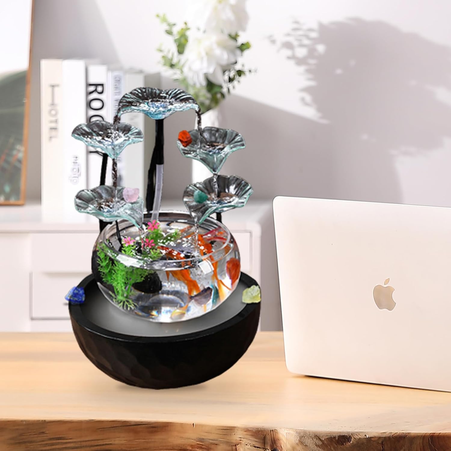 Tabletop Flowing Water Fish Tank Fountain with Glass Petals – Indoor Desktop Decor, Humidifying Mist Maker, LED Waterfall Feature, 16.1in Height Free Pack of Crystals (Black)