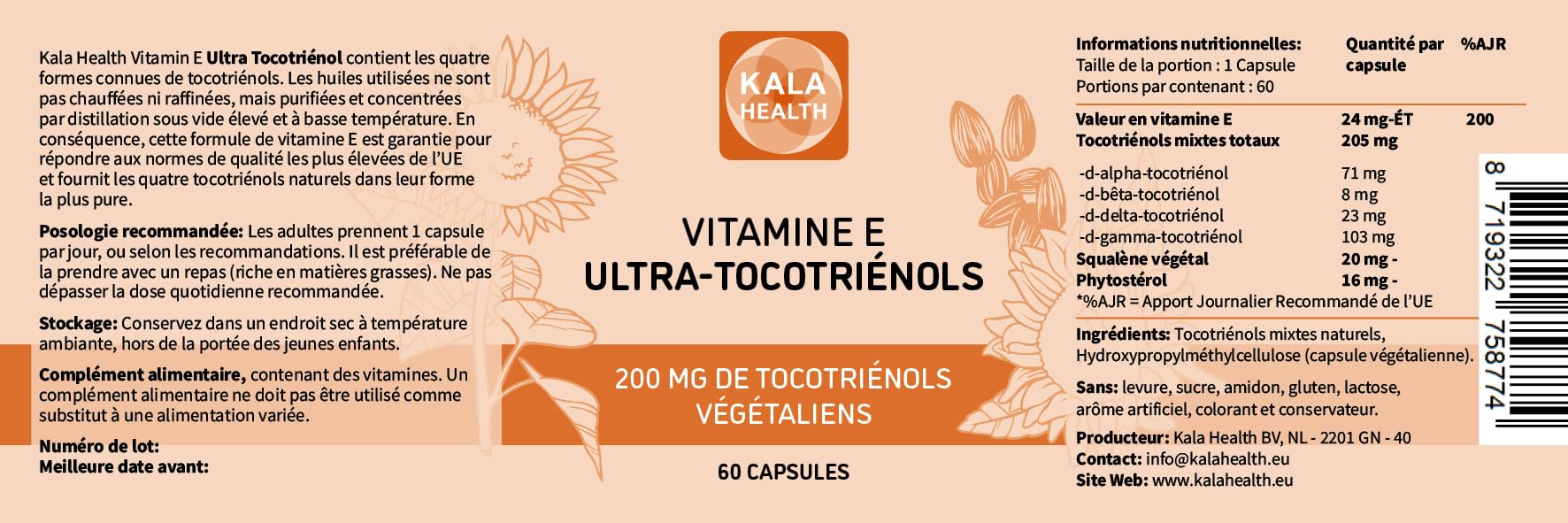 Kala Health Ultra Tocotriénol 200 mg Vitamine E Végétalienne - Les 4 tocotriénols - Alpha Tocotriénol + Bêta Tocotriénol + Gamma Tocotriénol + Delta Tocotriénol - Pas de Tocophérols