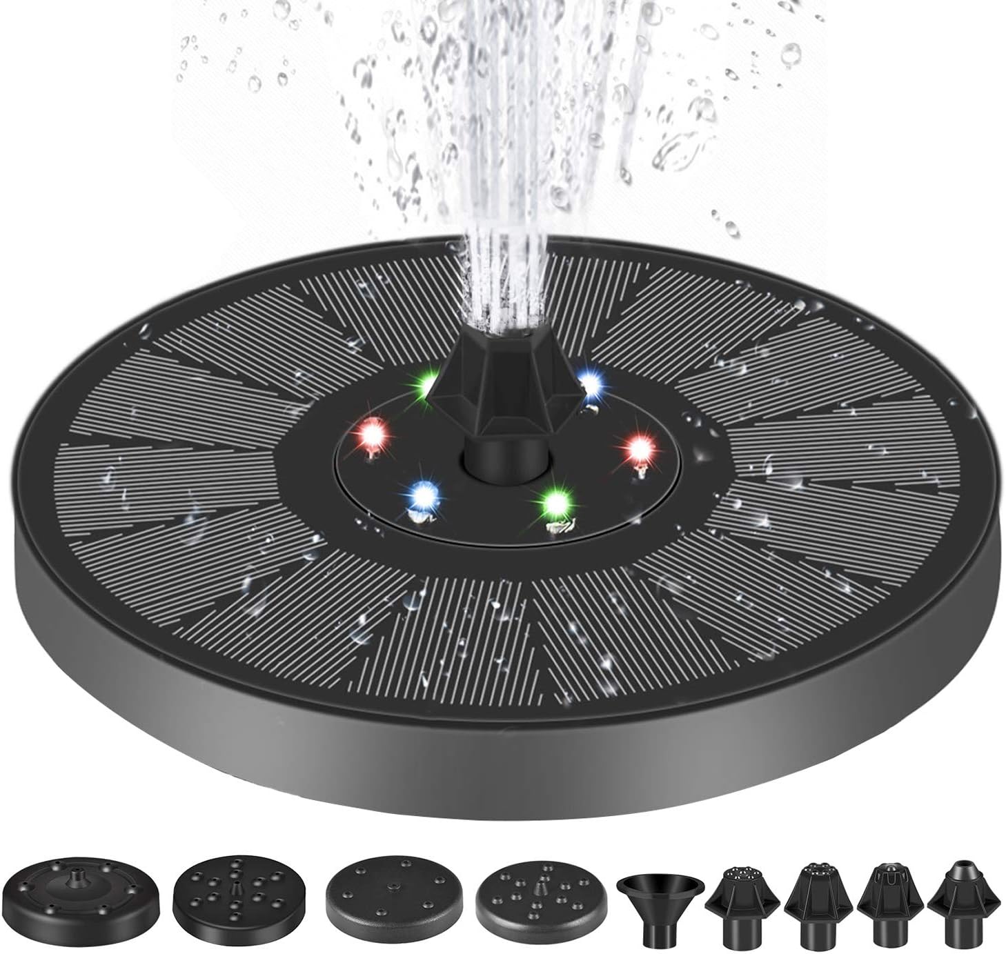 Solar Fountain Pump, 3W Solar Powered Water Pump with LED Lights Solar Panel with 7 Nozzles Kit Water Pump for Pond, Fountain, BirdBath, Garden Decoration, Water Cycling