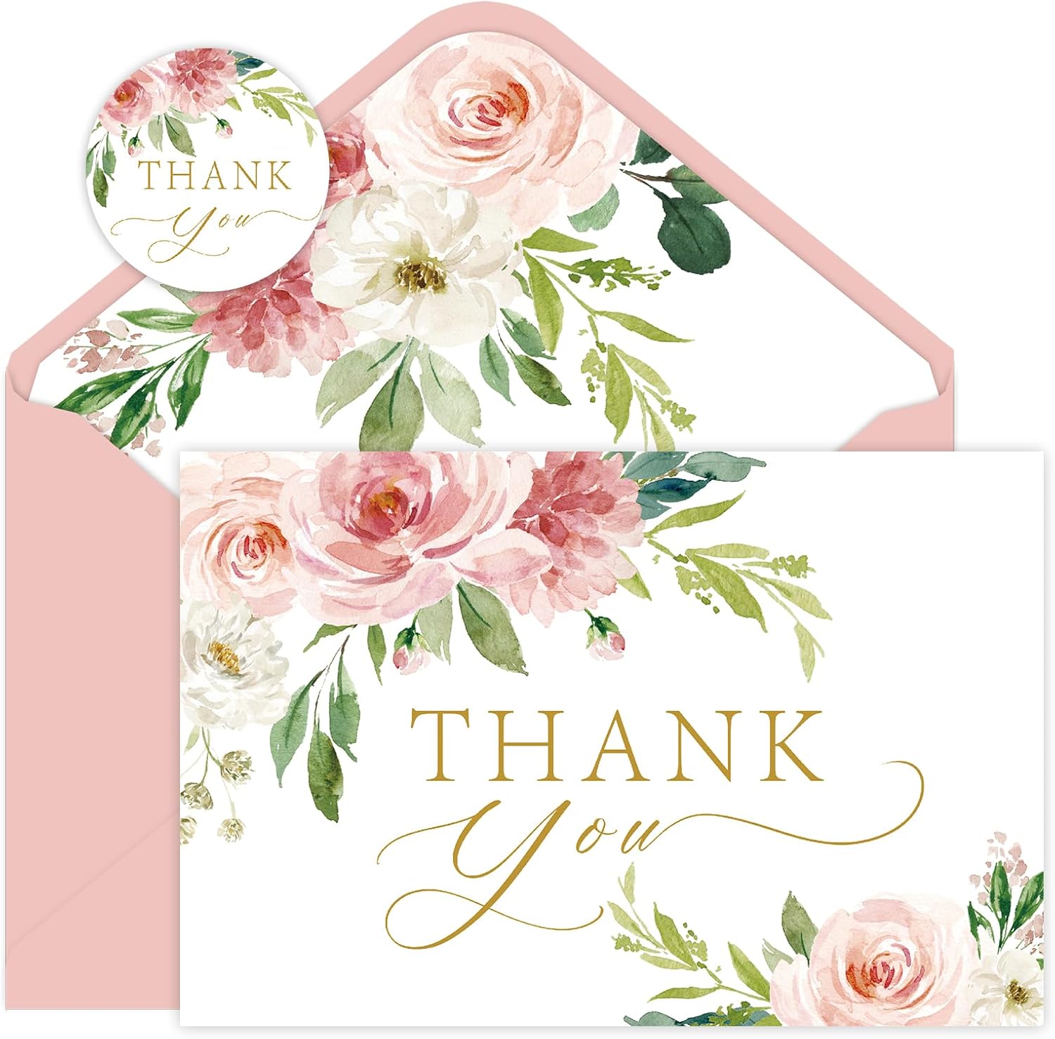 48 Pack Thank You Cards with Envelopes Pink and Stickers, Floral Thank You Cards for Bridal Appreciation Banquet, Baby Shower, Graduation Ceremony, Birthday Greeting Letter