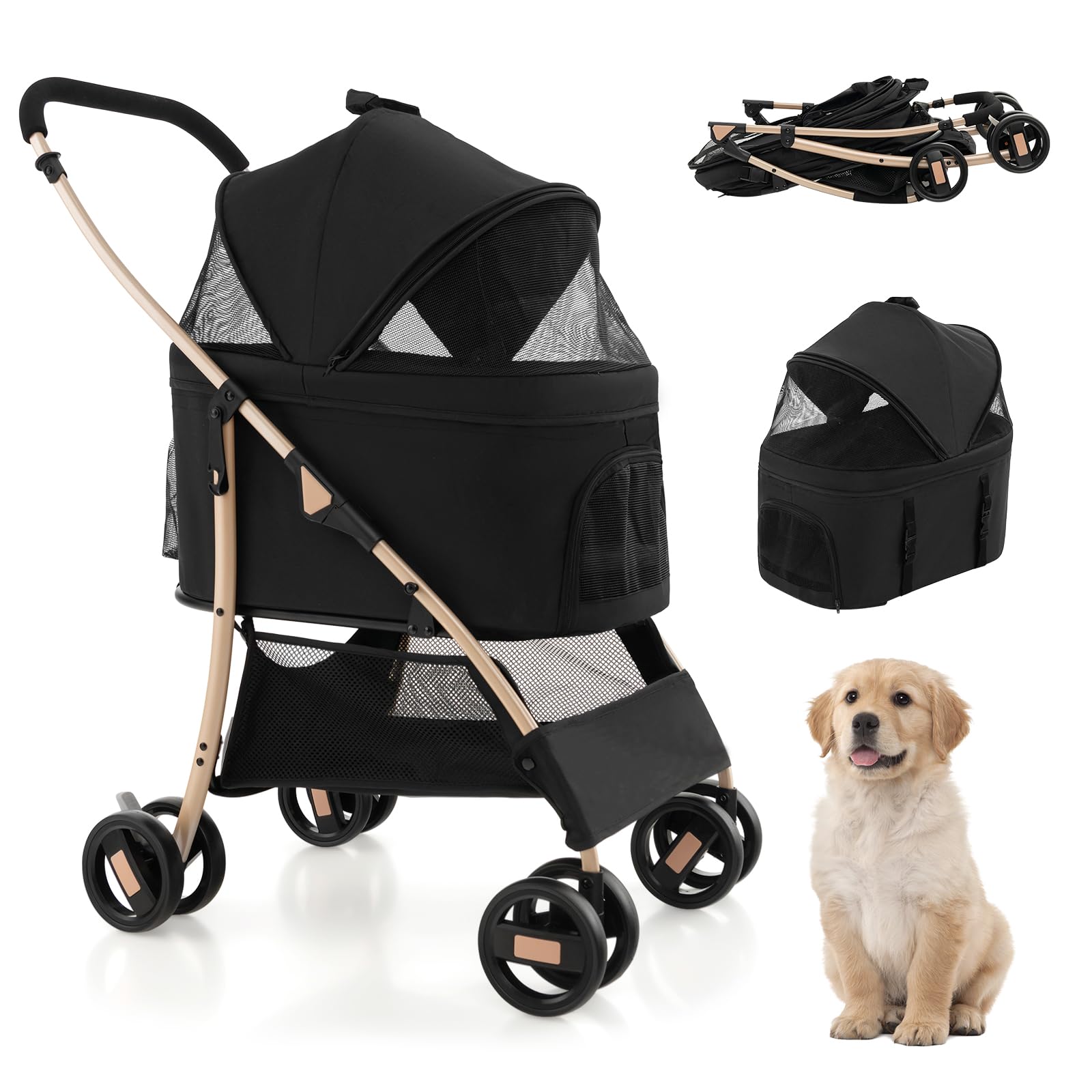 GOPLUS 3-in-1 Hondenwagen – 2 Afneembare Vakken, Netvensters, Remmen, Opvouwbaar – Voor Honden En Katten Tot 30 Kg – Grijs