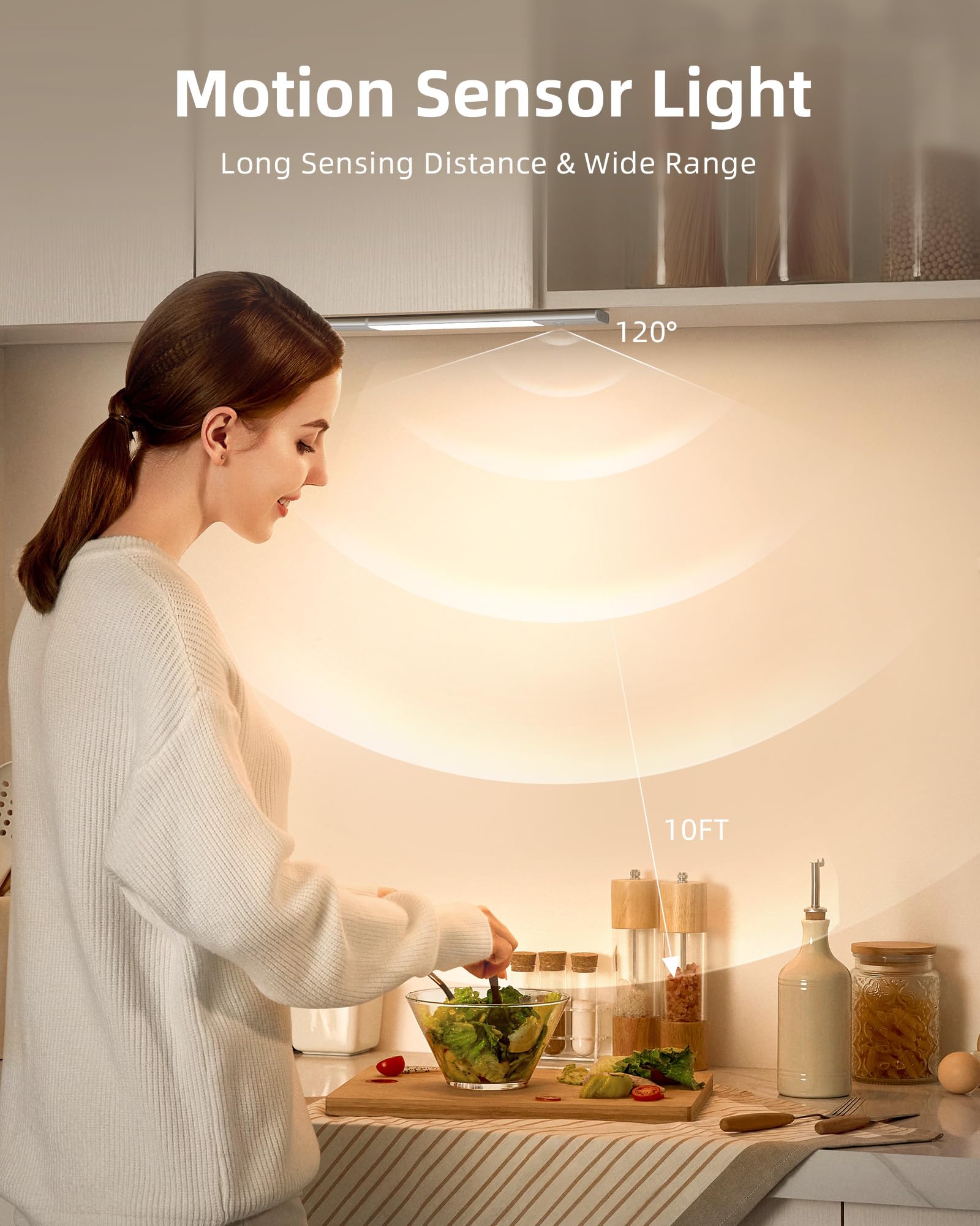 EZVALO 38CM LED Sottopensile Cucina Luce da Armadio Wireless con Sensore di Movimento Interno, Batteria Rimovibile da 2200mAh, 3 Colori Dimmerabili per Scale, Cucina, Armadi (2 pezzi)