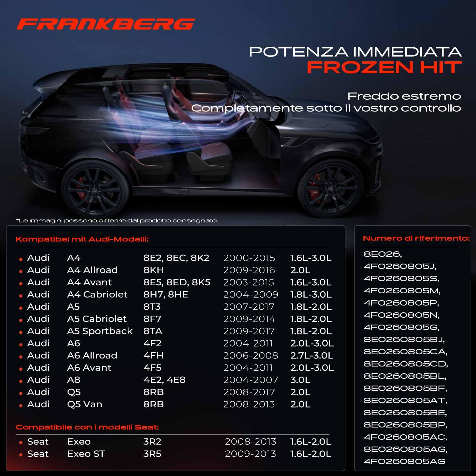 Frankberg Compressore dell'aria condizionata con frizione Compatibile con A4 8KH 8E2 8EC 8K2 8E5 8ED 8K5 8H7 8HE A6 4F2 4G2 4GC 4F5 4FH 4G5 4GD Q5 8RB A5 8T3 8F7 8TA inkl. Öl vorbereift