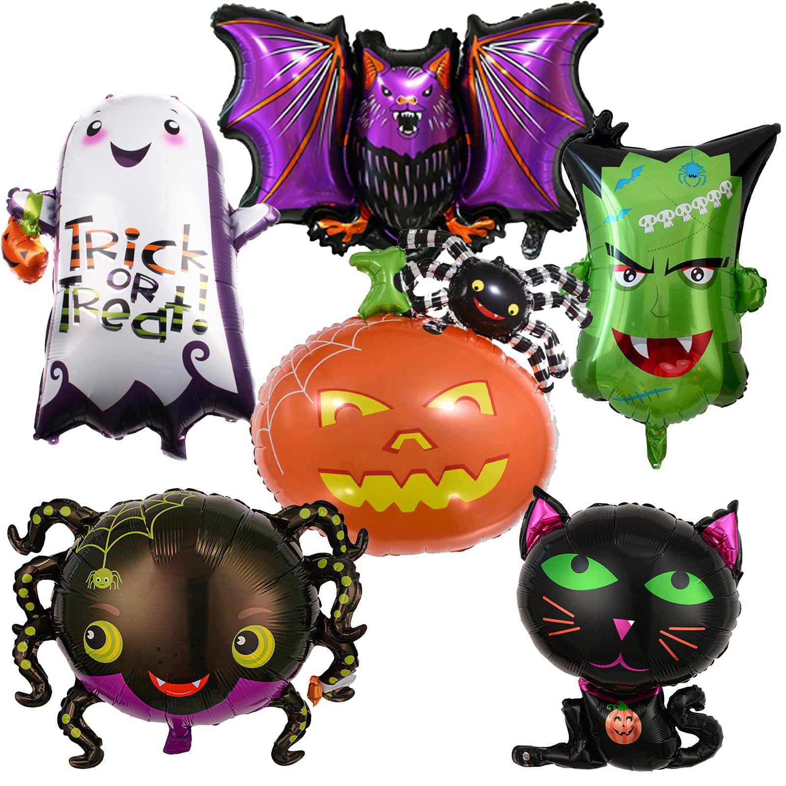 Large Halloween Foil Balloons Kit, Pack of 6 XXL Ghost Cat Spider Pumpkin Bat Green Monster Head Mylar Happy Halloween Decor Balloon Set for Kids Horror Theme Trick or Treat Party Decorations Supplies