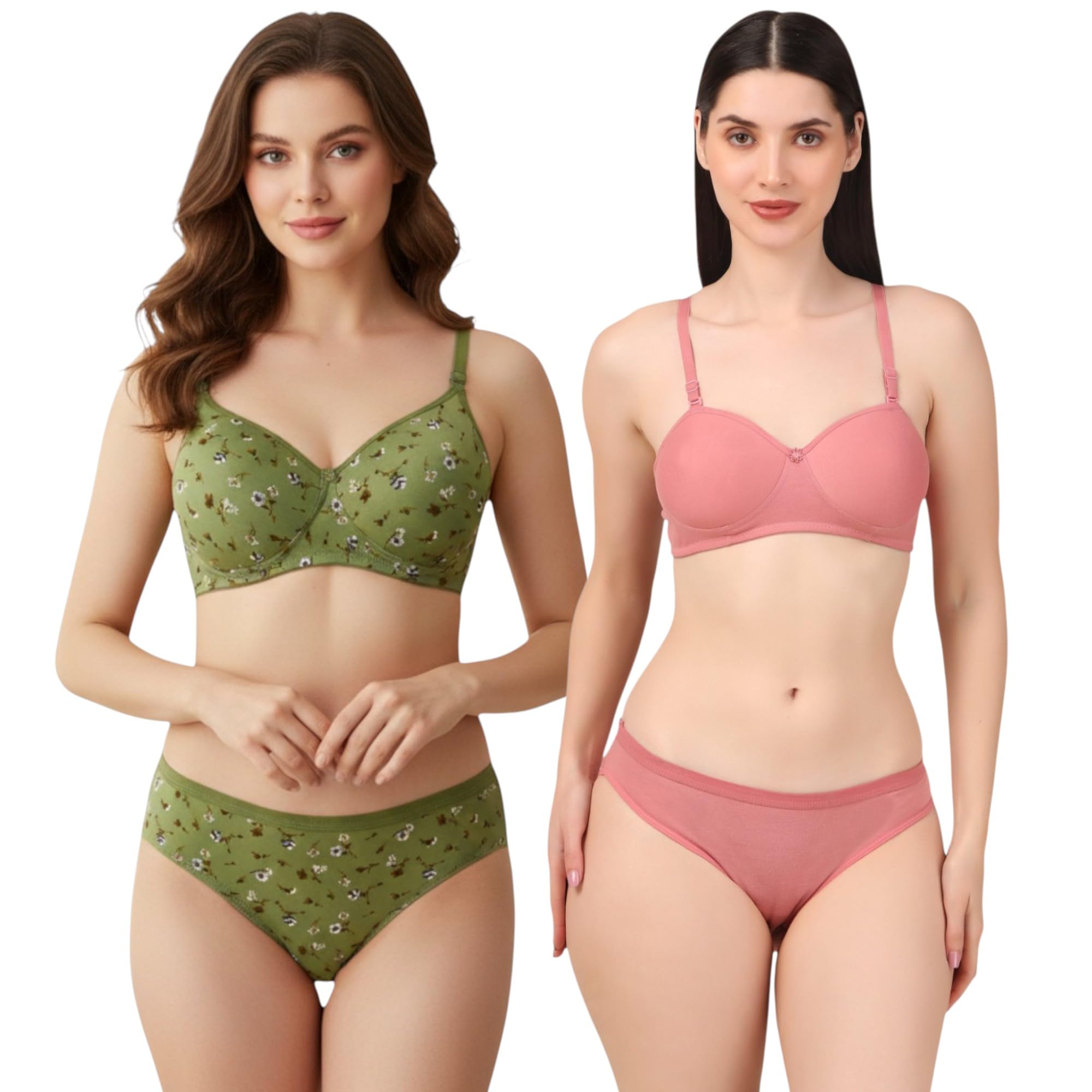Simza Women's Cotton Blend Padded Bra & Panty Set | Pack of 2 Lingerie Combo | Available in Floral Green with Pink-picture-35