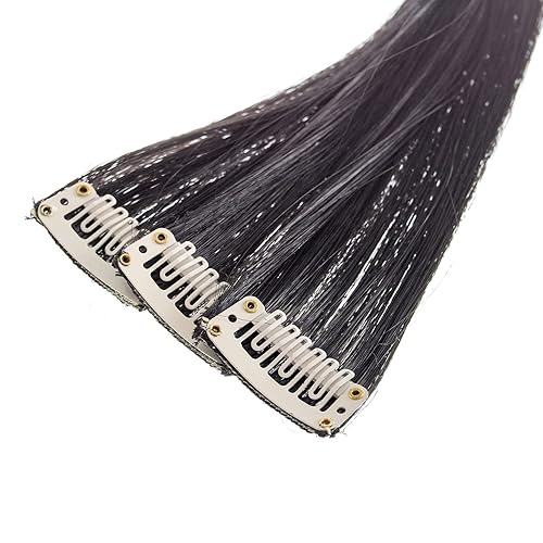 Miniatura 3 de SWACC 12 piezas de extensiones de cabello sintético lacio de un color con clip, extensiones de cabello sintético de color (negro, 1B)