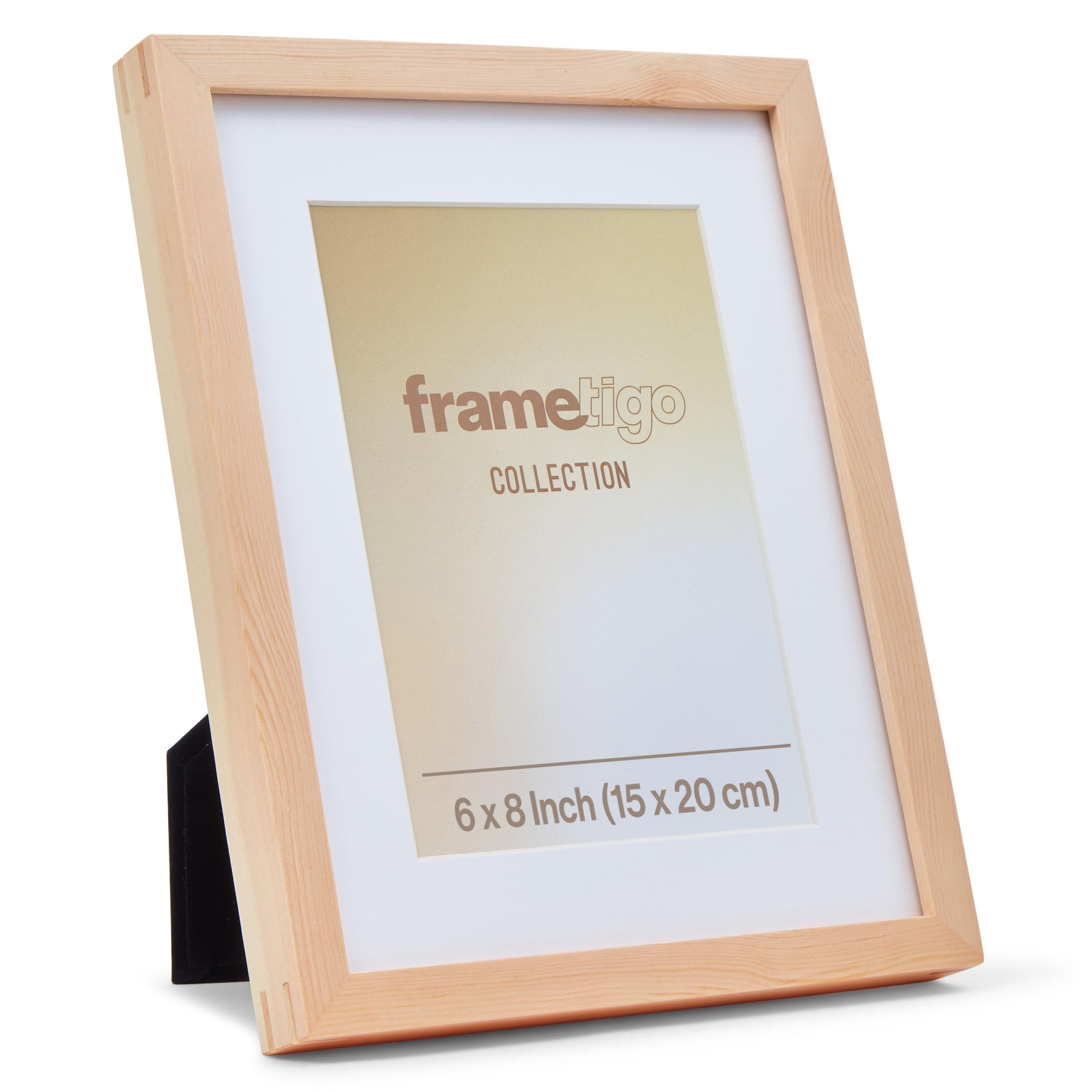 Frametigo - Solid Pine Natural Wood Mounted Frame, 6”x8” (15x20cm) Photo Size - Velvet Frame Backing & Stand - Double Spline Joint - Polished Edge Real Glass - Landscape or Portrait Orientation