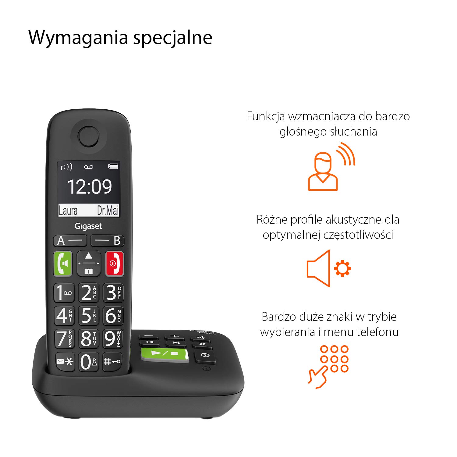 Gigaset E290A - Telefono per anziani senza fili con segreteria telefonica con tasti grandi - Display grande, tasti di scelta rapida Numeri importanti, amplificatore di volume