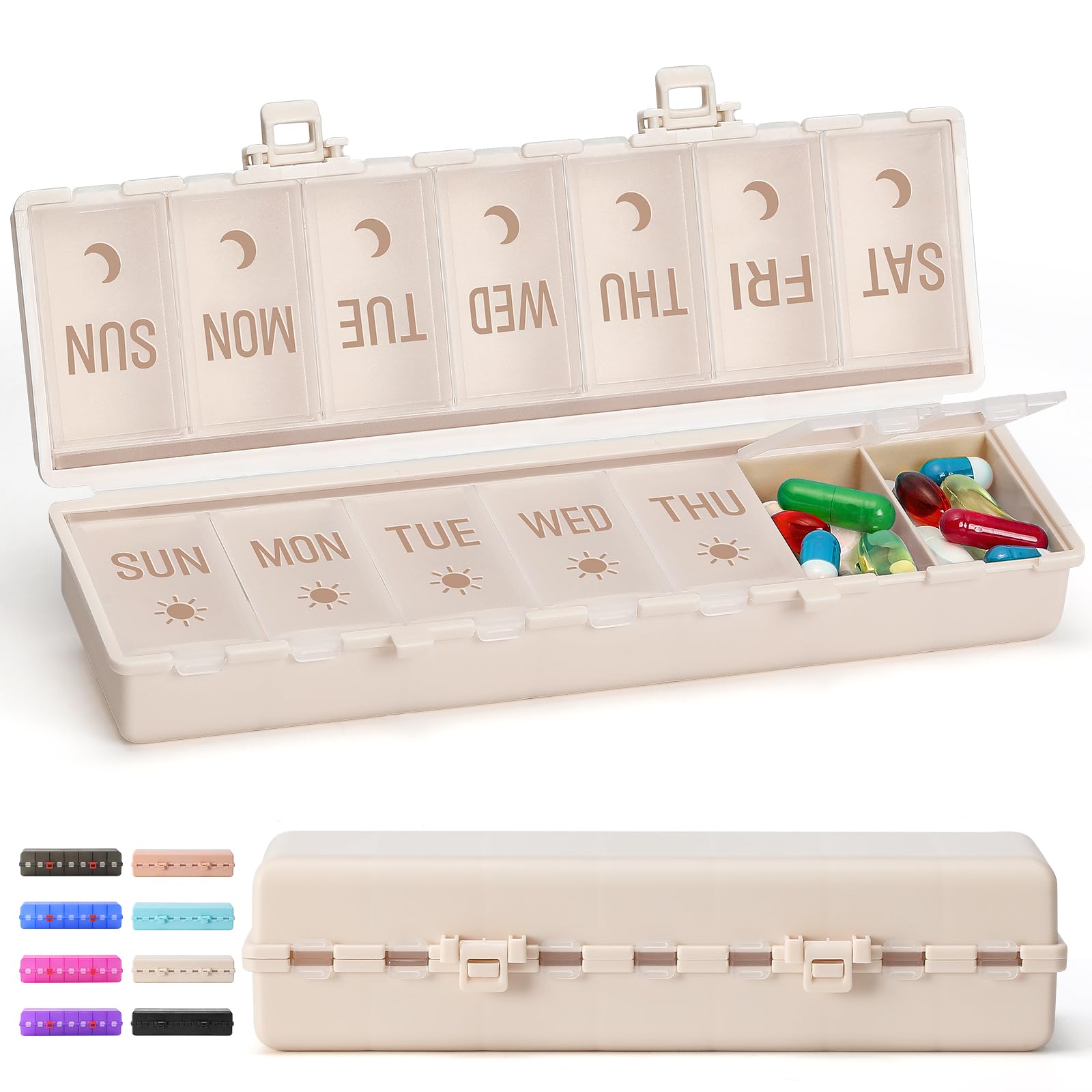 [Foldable & Dual Protection] Weekly Pill Organizer 2 Times A Day with Etched Labels, AM PM 7 Day Medicine Container Box, Large Portable Week Travel Pill Case for Daily Medication, Vitamin -Khaki