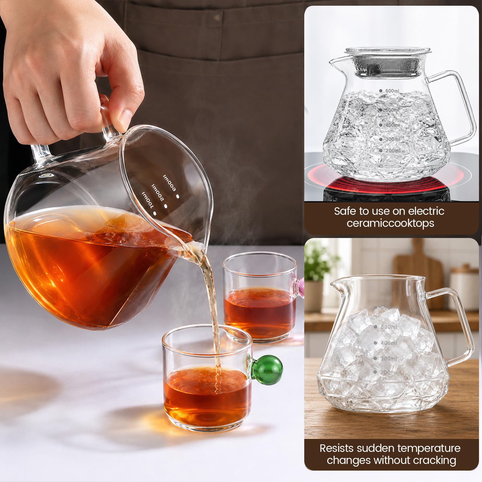 Cafetera de café con jarra de vidrio de borosilicato de 600 ml y tapa de vidrio, 50 filtros de papel, cuchara, taza de café, para amantes del cafe manual, cafetera 2-4 tazas