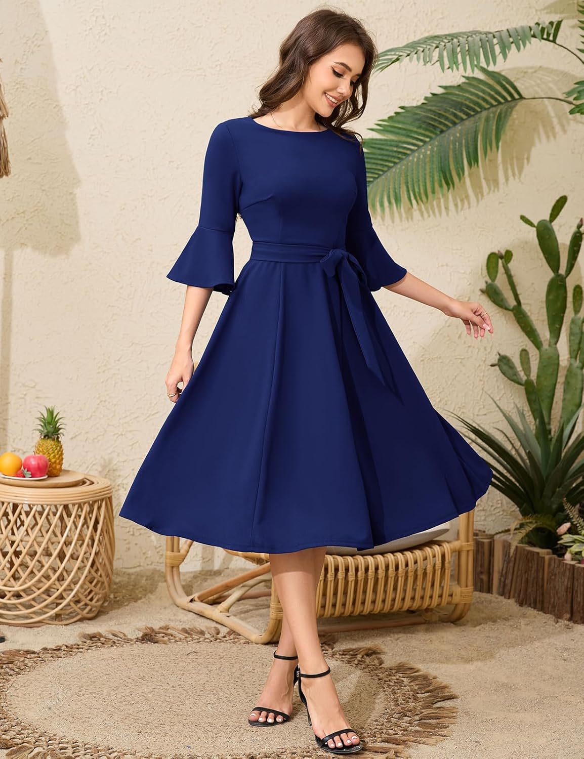 HomRain Women's Church Dresses Modest Bell Sleeve Wedding Guest Cocktail Tea Party Vintage Evening Dress - Image 2