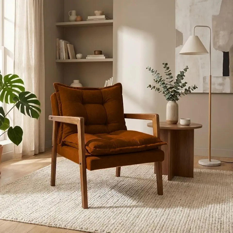 Poltrona Moderna Confortável Sala de Estar Design Elegante Estrutura Madeira Estofado Tecido Boucle Estilo Sofisticado MOBLAN decor (TERRACOTA)