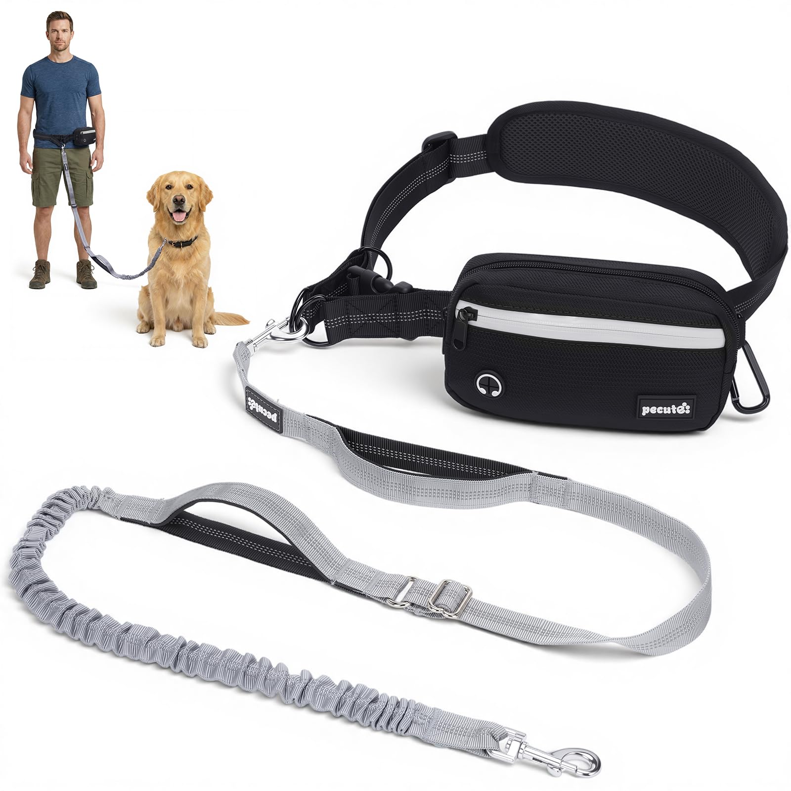 Pecute Guinzaglio Mani Libere per Cani con Borsello, Media/Grande 15-55kg | Guinzaglio Vita Anti Tiro con Corda Elastica, Doppio Manico Riflettente per Corsa Jogging Addestramento