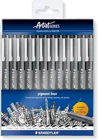 STAEDTLER Caneta Nankin Pigment Liner 12 Unidades Preto - 308-9 TB12 - Pontas Variadas: 0.05, 0.1, 0.2, 0.3, 0.4, 0.5, 0.6, 0.7, 0.8, 1.0, 1.2 e 0.3-2.0mm - Fineliner Permanente com Tinta Pigmentada