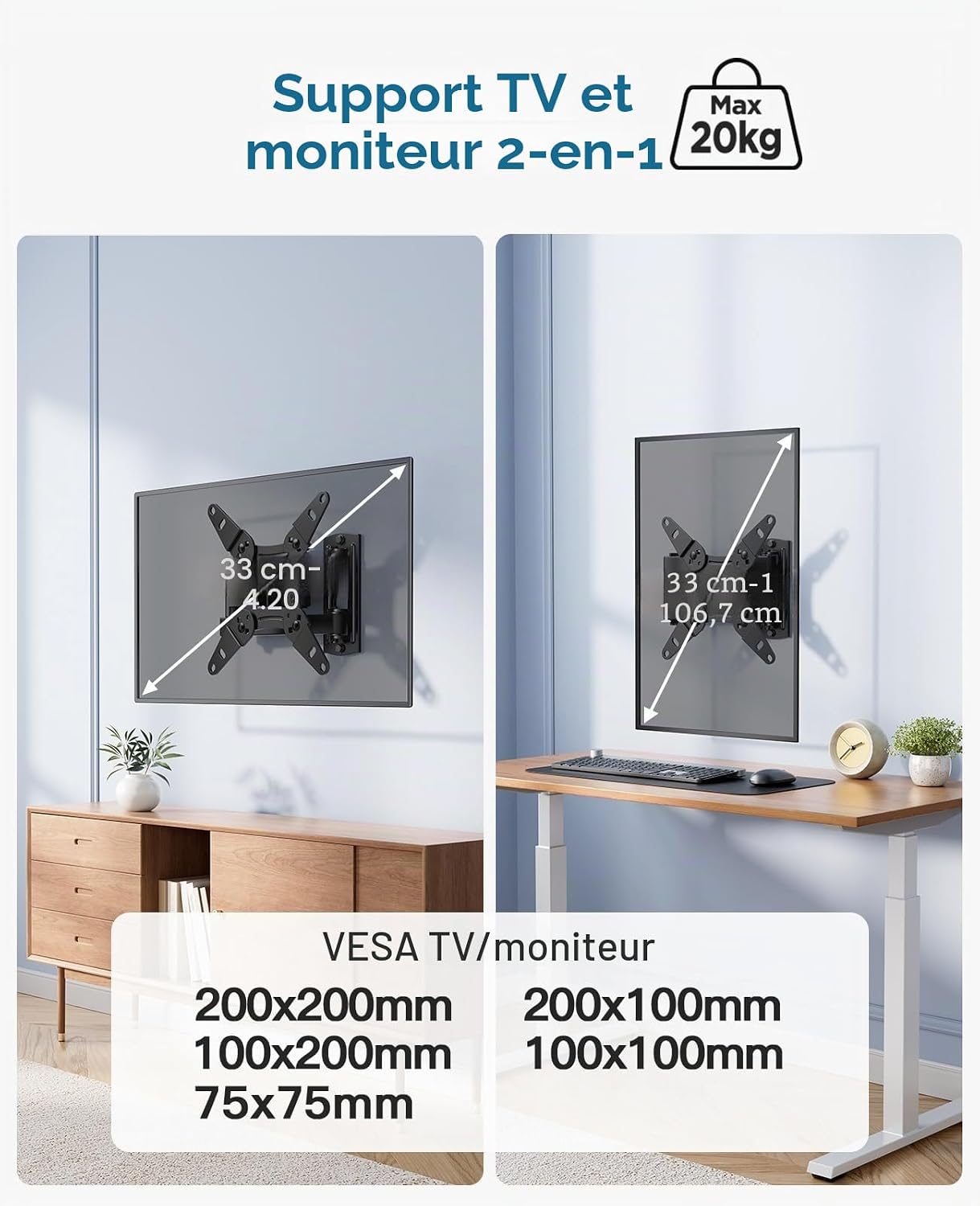 PERLESMITH Support Mural TV 13-42 Pouces Jusqu'à 20KG, Support TV Mural Orientable Inclina - Analyse des détails et conception