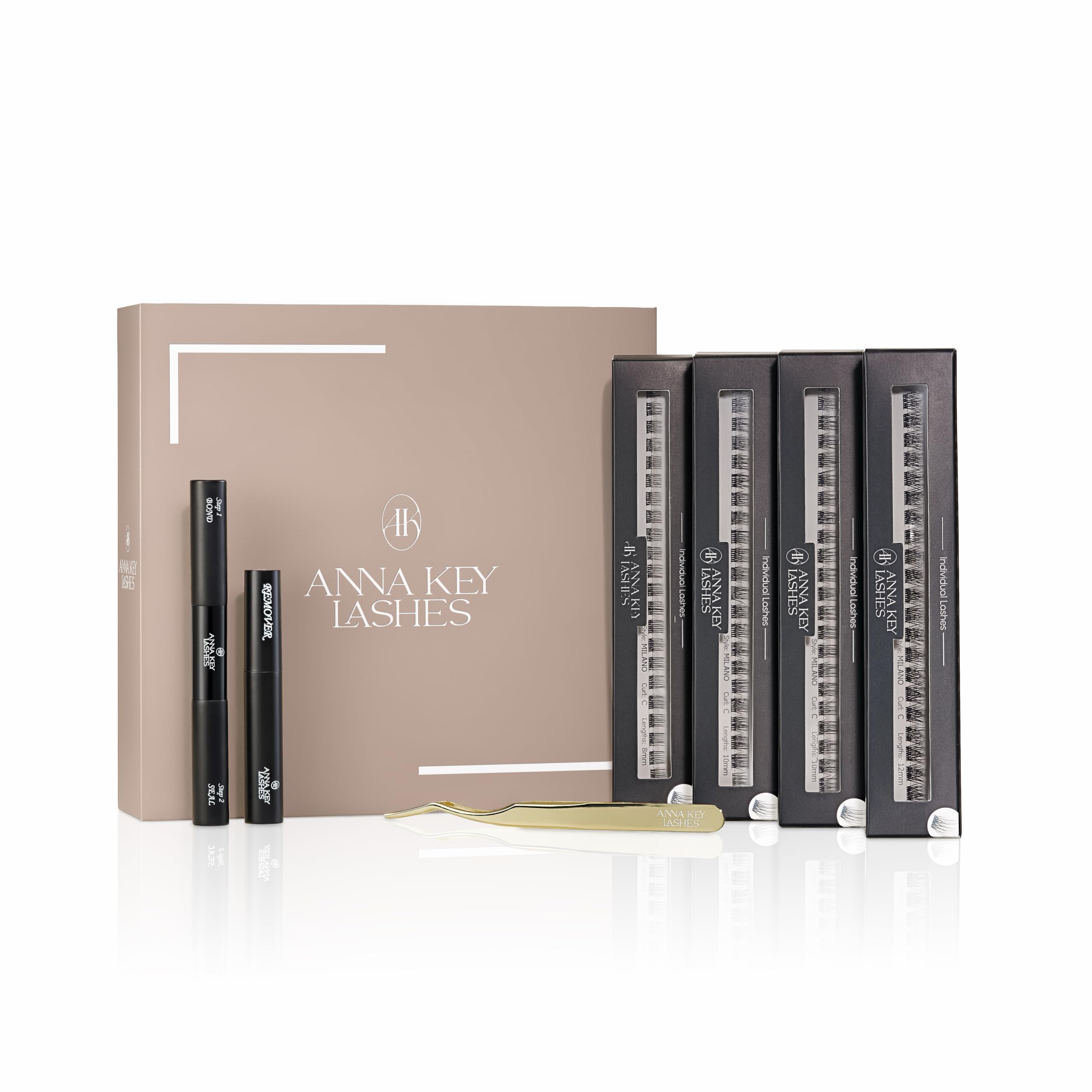 Starter Kit ANNA KEY LASHES – DIY Lash Extensions | Ciglia Riutilizzabili, Bond & Seal, Remover & Pinzetta Gold | Look Professionale a Casa | Fino a 8 Applicazioni, Milano (nero)