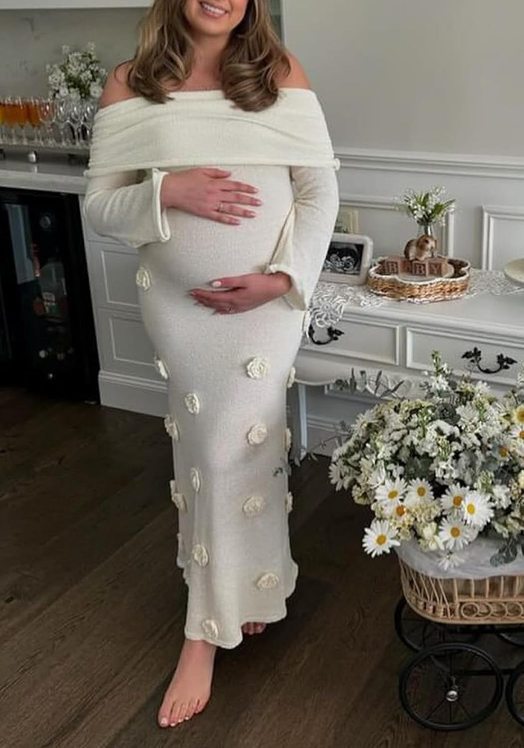 LETSVDO Women's Off The Shoulder Crochet Maxi Dress Long Sleeve Bodycon 3D Floral Knit Mesh Sweater Sexy Party Dresses - Image 7