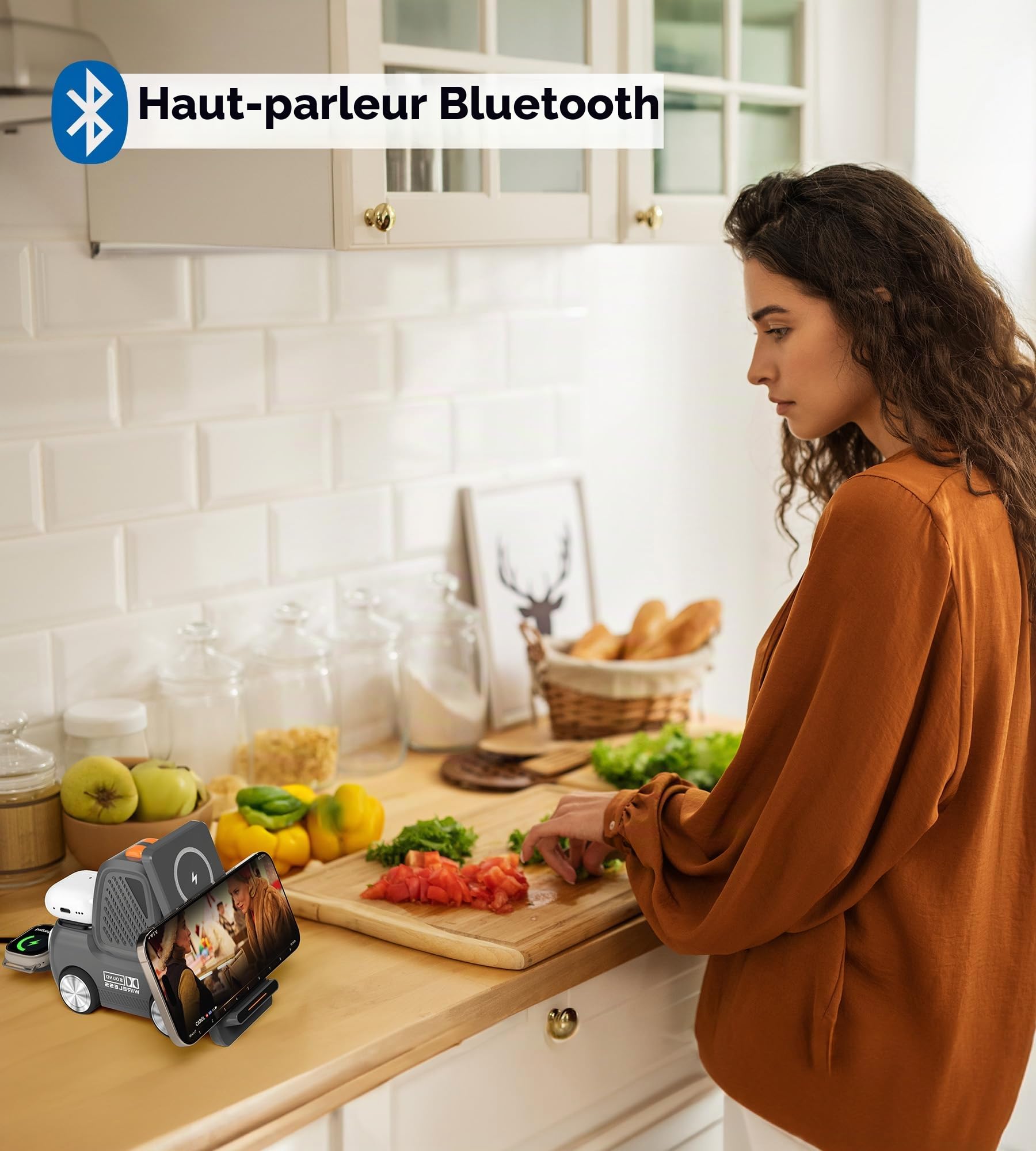 Station de charge sans fil pour chariot élévateur avec haut-parleur Bluetooth, chargeur rapide sans fil 4 en 1 pour plusieurs appareils, compatible avec iPhone 16 15 14 13 Pro Max Series, Apple iWatch