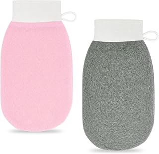 Exfoliating Glove, 2pcs Exfoliating Mitten, Double Sided Deep Cleansing Body Exfoliating Mitt for Women and Men, Dead Skin Remove, Deep Cleansing Body (Grey+Pink)