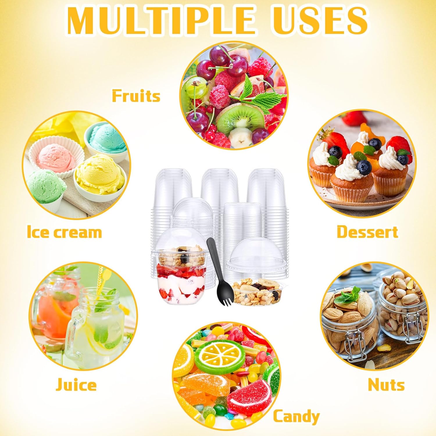 200 Pack 12 oz Clear Plastic Parfait Cups with Dome Lids No Hole Disposable Party Dessert Cups with Lids Insert Spork Round Fruit Containers with Lid for Yogurt Fruit Cereal Ice Cream