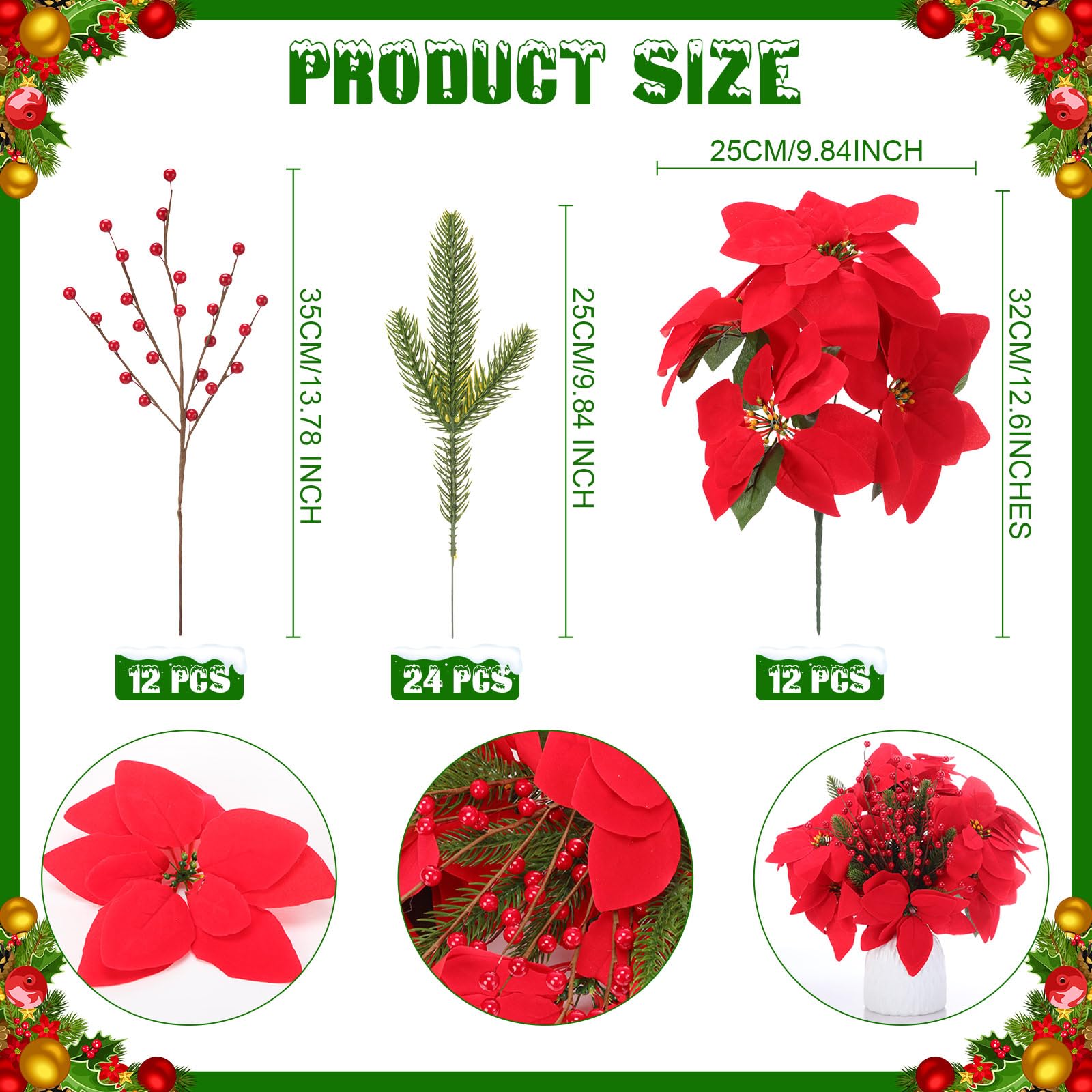 Hotop Paquete de 12 ramas artificiales de pino de Pascua de 14 pulgadas con bayas rojas, flores artificiales de Navidad para interiores y exteriores, adorno de árbol de Navidad, decoración del porche