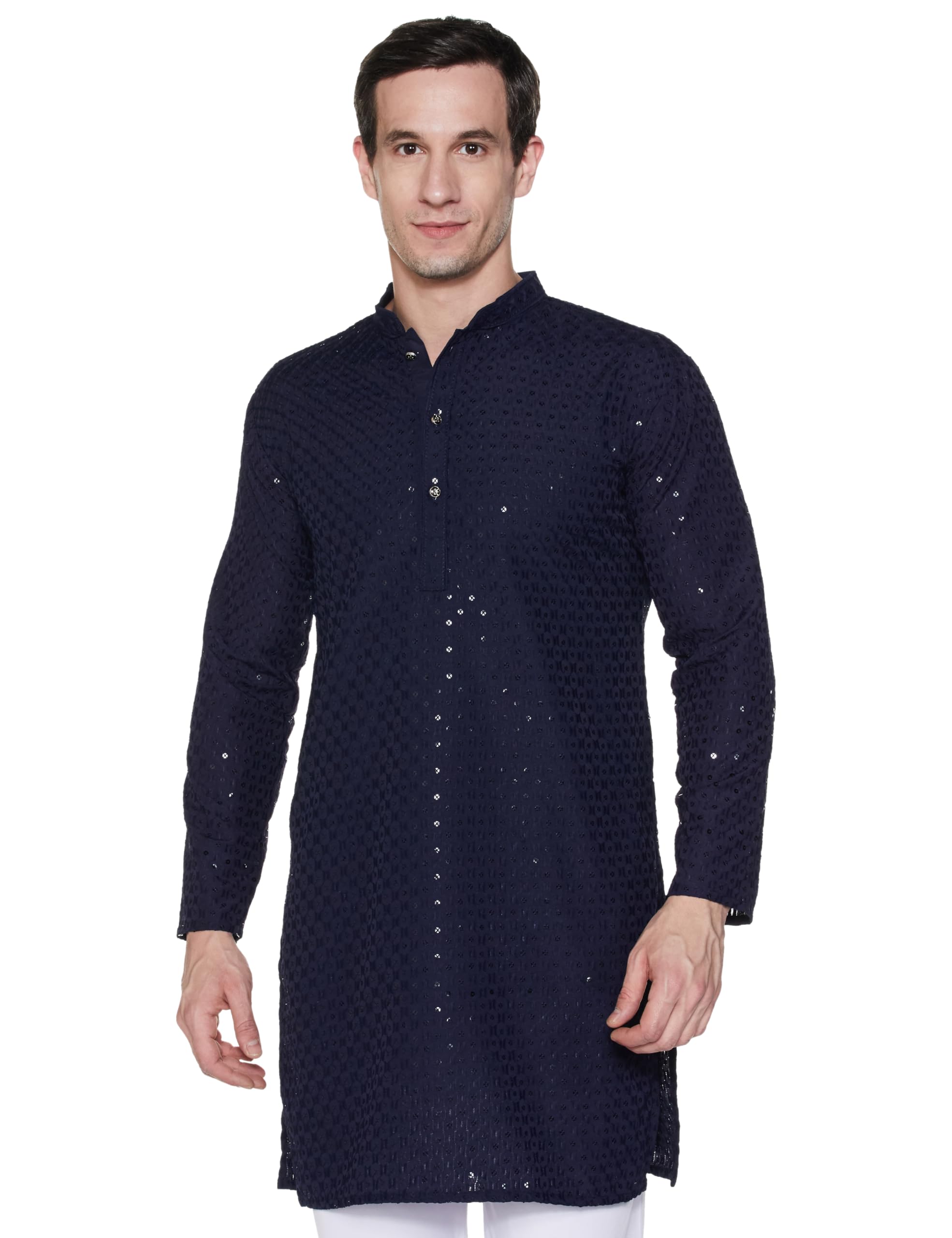 Divisive Men's Sequince Embroidered Cotton Blend Only Slim Fit Kurta (Dkrt559_M_Navy Blue)