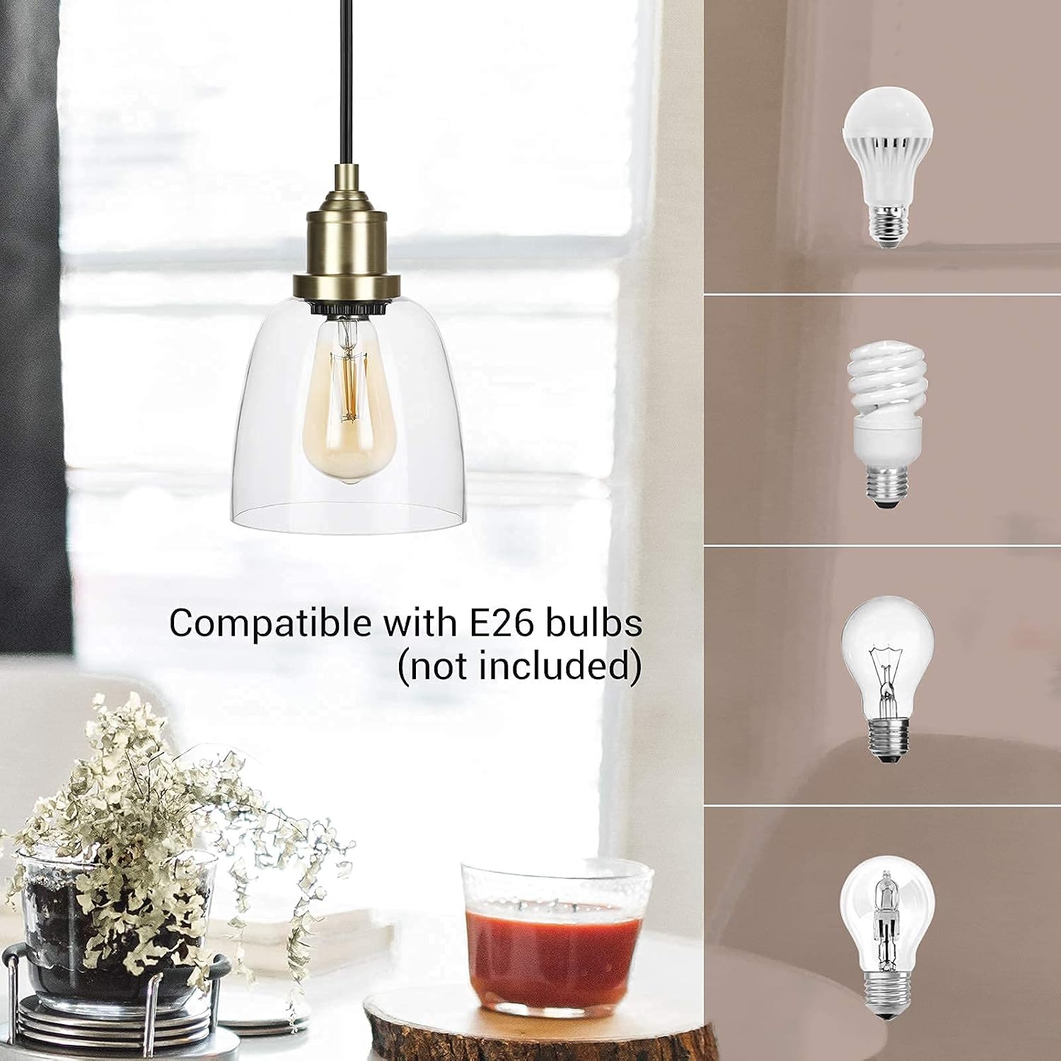 DEWENWILS Plug in Pendant Light, Hanging Light with 15ft Adjustable Cord, On/Off Switch, Clear Glass Shade, Hanging Light Fixture for Bedroom, Kitchen, Living Room, Dining Table