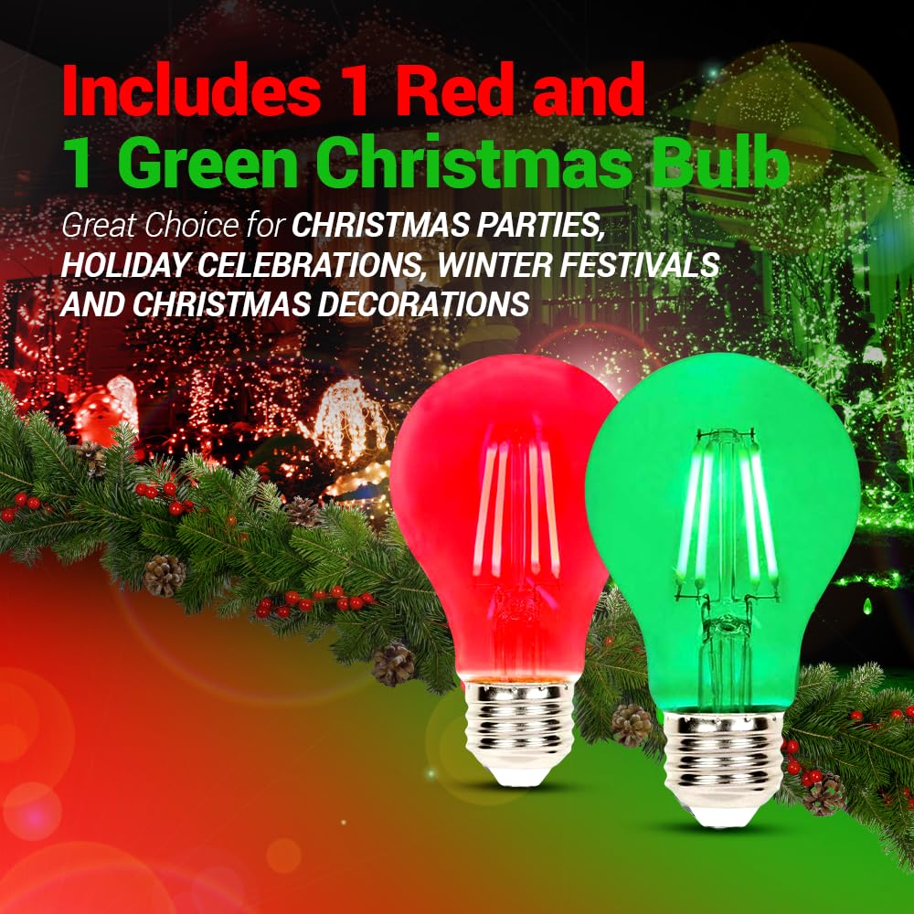 (4 Pack) A19 LED Christmas Light Bulbs | 8W Dimmable | Red & Green Color Mix | E26 Base
