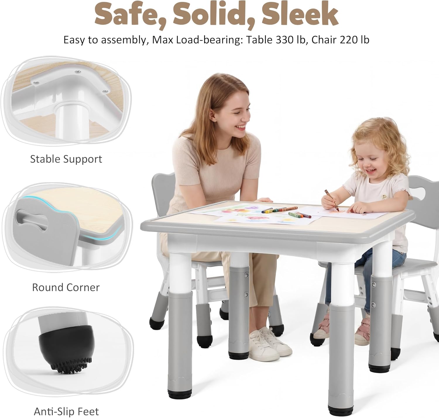 TODEFULL Kids Table and 2 Chairs Set for Toddlers, Height Adjustable Toddler Desk 23.6" L x 23.6" W Graffiti Tabletop, Home/Preschool/Daycare/Classroom Study Activity Table and Chairs for Kids 2-5
