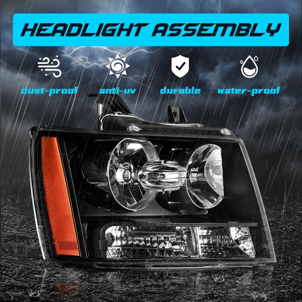 Headlight Assembly Compatible with 2007-2014 Chevy Tahoe Suburban 1500/2007-2013 Chevrolet Avalanche Suburban 2500 w/Bulb with Black Housing/Clear Lens/Amber Corner Front Lamp…