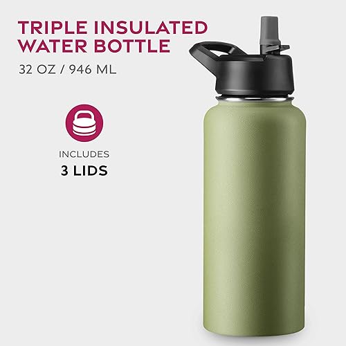 Miniatura 2 de FineDine - Botella de agua de acero inoxidable con tapa de pajilla, tapa abatible, tapa de boca ancha (32 oz), botellas de agua aisladas, mantiene