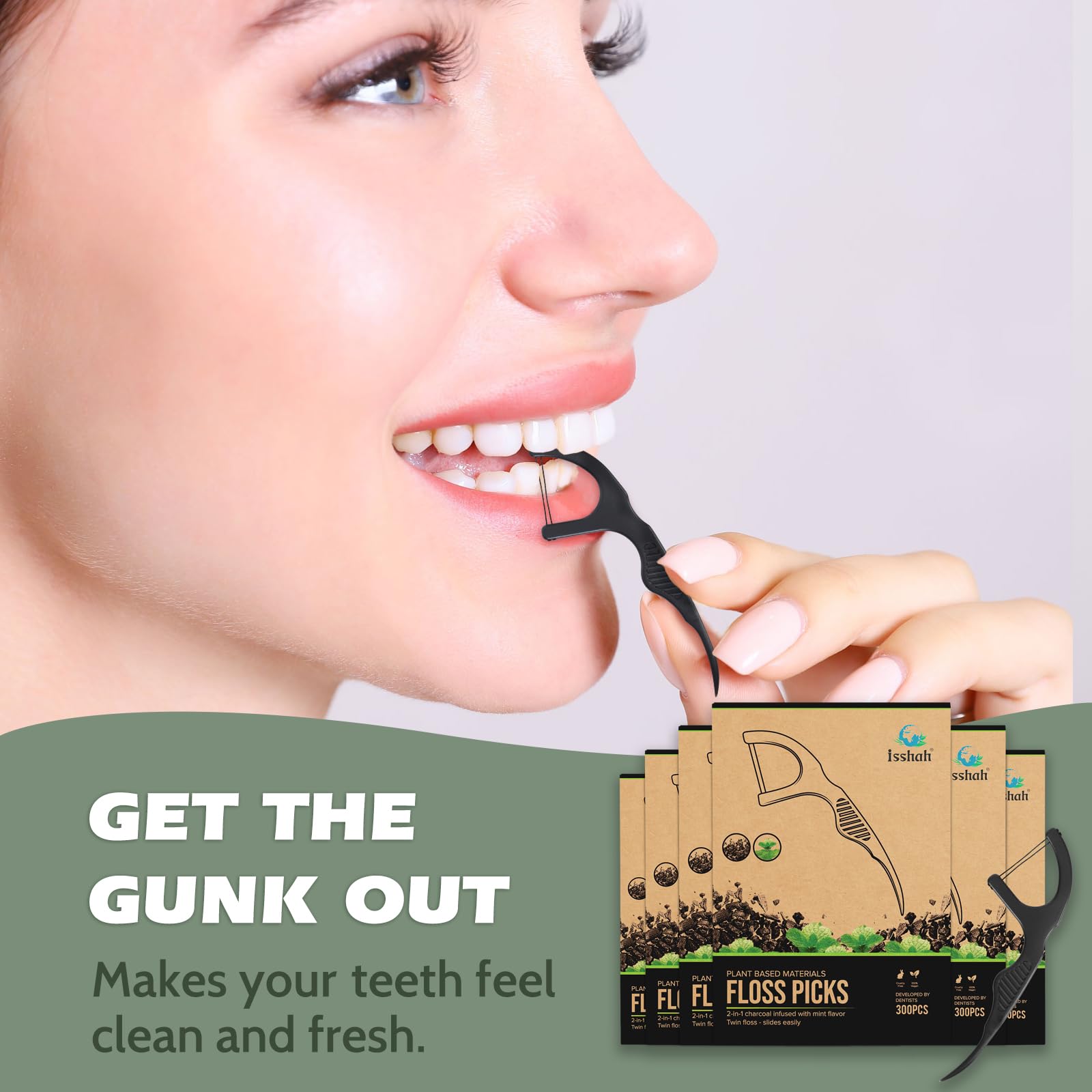 Selecciones de hilo dental natural (300 unidades) – vegano, respetuoso con el medio ambiente, sostenible – hilo dental doble (carbón)